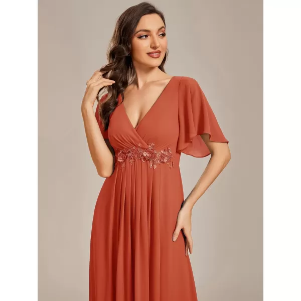 EverPretty Womens Chiffon ALine Ruched Short Sleeves Applique Waist V Neck Mother of The Bride DressesBurnt Orange