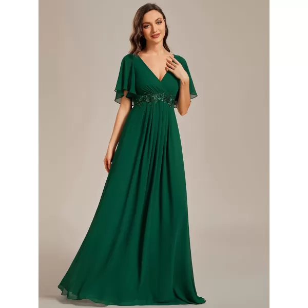 EverPretty Womens Chiffon ALine Ruched Short Sleeves Applique Waist V Neck Mother of The Bride DressesCdeep Green