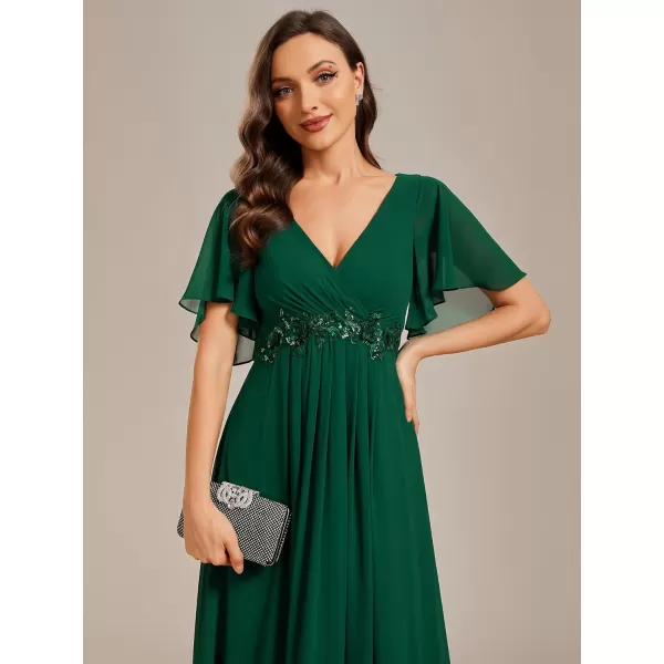 EverPretty Womens Chiffon ALine Ruched Short Sleeves Applique Waist V Neck Mother of The Bride DressesCdeep Green