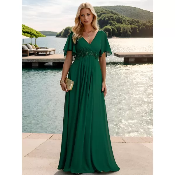 EverPretty Womens Chiffon ALine Ruched Short Sleeves Applique Waist V Neck Mother of The Bride DressesCdeep Green