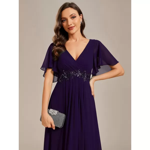 EverPretty Womens Chiffon ALine Ruched Short Sleeves Applique Waist V Neck Mother of The Bride DressesCdeep Purple