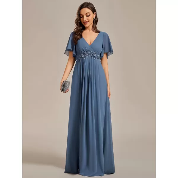 EverPretty Womens Chiffon ALine Ruched Short Sleeves Applique Waist V Neck Mother of The Bride DressesCdusty Blue