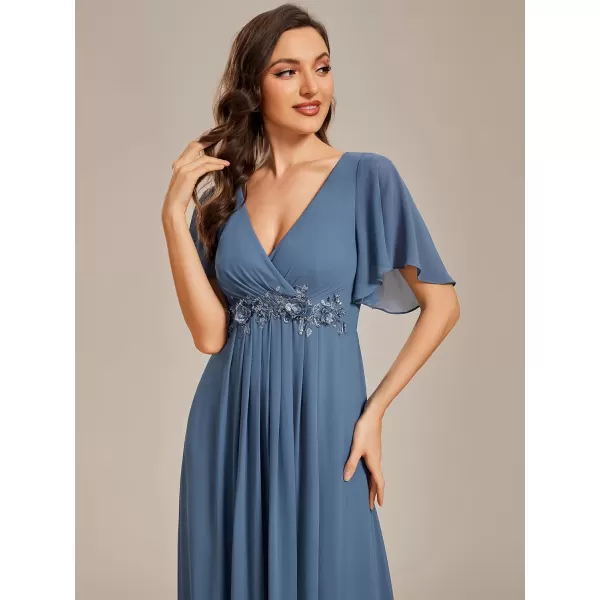 EverPretty Womens Chiffon ALine Ruched Short Sleeves Applique Waist V Neck Mother of The Bride DressesCdusty Blue