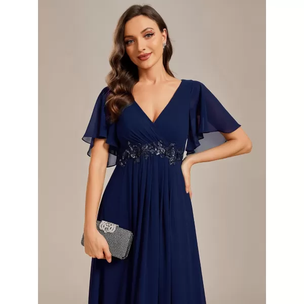 EverPretty Womens Chiffon ALine Ruched Short Sleeves Applique Waist V Neck Mother of The Bride DressesCnavy Blue