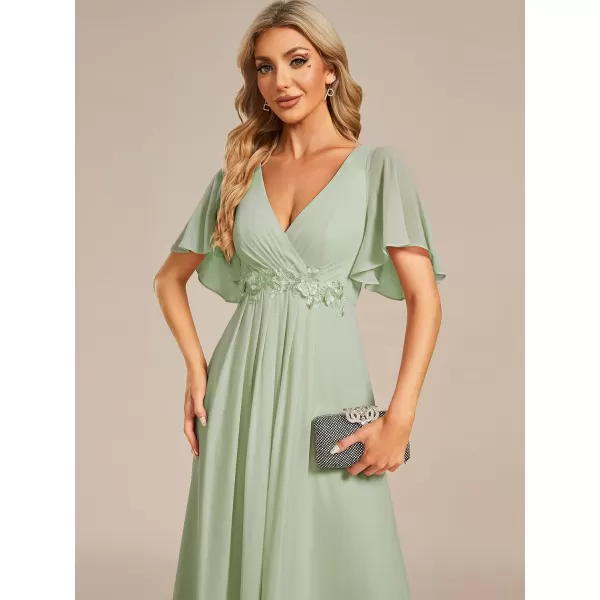 EverPretty Womens Chiffon ALine Ruched Short Sleeves Applique Waist V Neck Mother of The Bride DressesMint Green