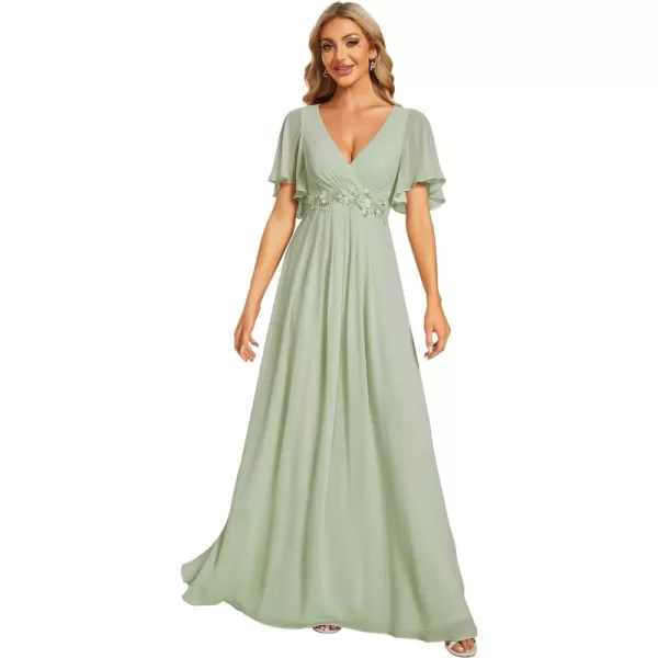 EverPretty Womens Chiffon ALine Ruched Short Sleeves Applique Waist V Neck Mother of The Bride DressesMint Green