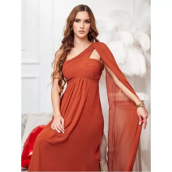 EverPretty Womens Chiffon Bridesmaid Dress OneShoulder Ruched Bust Long Flowy Formal Dresses 09816Burnt Orange