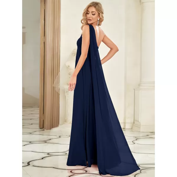 EverPretty Womens Chiffon Bridesmaid Dress OneShoulder Ruched Bust Long Flowy Formal Dresses 09816Navy Blue