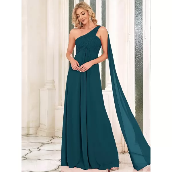 EverPretty Womens Chiffon Bridesmaid Dress OneShoulder Ruched Bust Long Flowy Formal Dresses 09816Teal