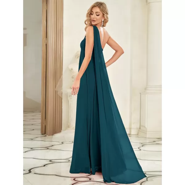 EverPretty Womens Chiffon Bridesmaid Dress OneShoulder Ruched Bust Long Flowy Formal Dresses 09816Teal