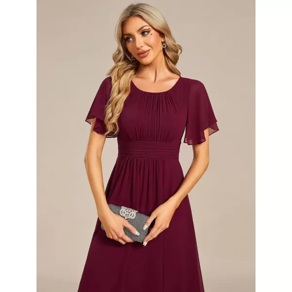 EverPretty Womens Chiffon Crew Neck Pleated Waist Short Sleeve Wedding Guest Dress 02053Burgundy