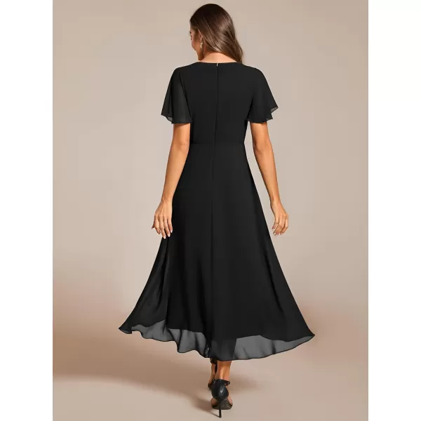 EverPretty Womens Chiffon Formal Dresses V Neck Ruffle Sleeves Pleated High Low Summer Wedding Guest DressAblack