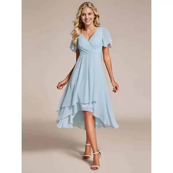 EverPretty Womens Chiffon Formal Dresses V Neck Ruffle Sleeves Pleated High Low Summer Wedding Guest DressAblue