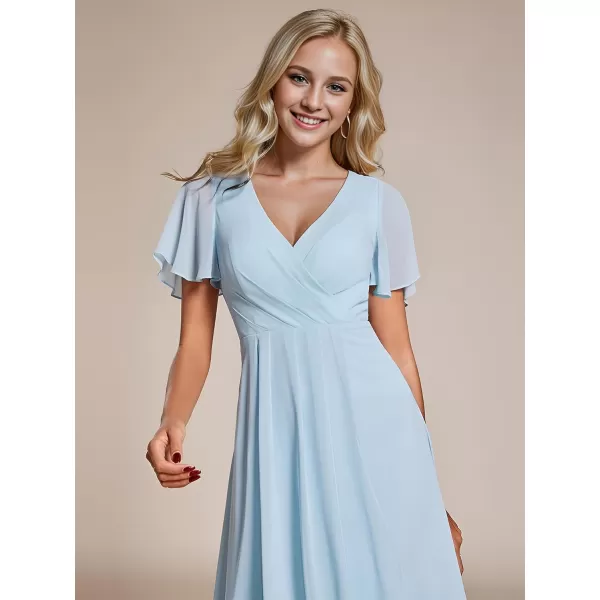 EverPretty Womens Chiffon Formal Dresses V Neck Ruffle Sleeves Pleated High Low Summer Wedding Guest DressAblue