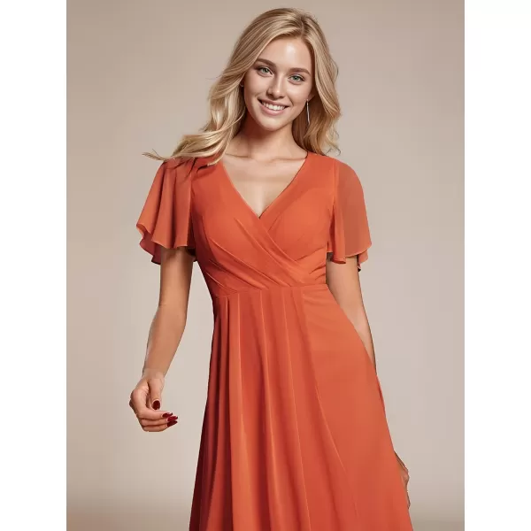 EverPretty Womens Chiffon Formal Dresses V Neck Ruffle Sleeves Pleated High Low Summer Wedding Guest DressAburnt Orange