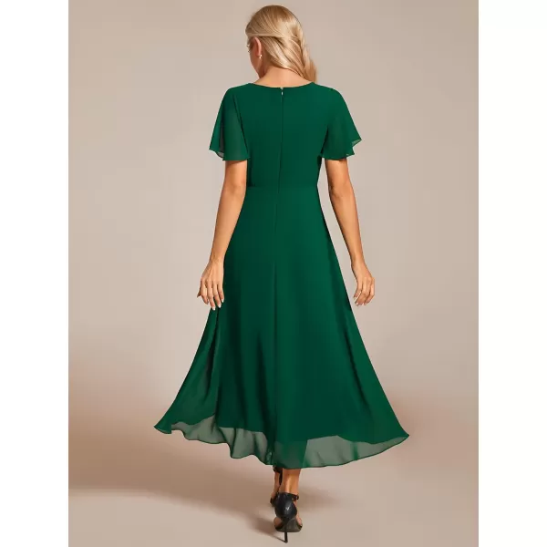 EverPretty Womens Chiffon Formal Dresses V Neck Ruffle Sleeves Pleated High Low Summer Wedding Guest DressAdark Green