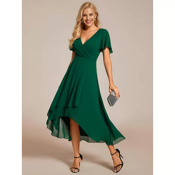 EverPretty Womens Chiffon Formal Dresses V Neck Ruffle Sleeves Pleated High Low Summer Wedding Guest DressAdark Green