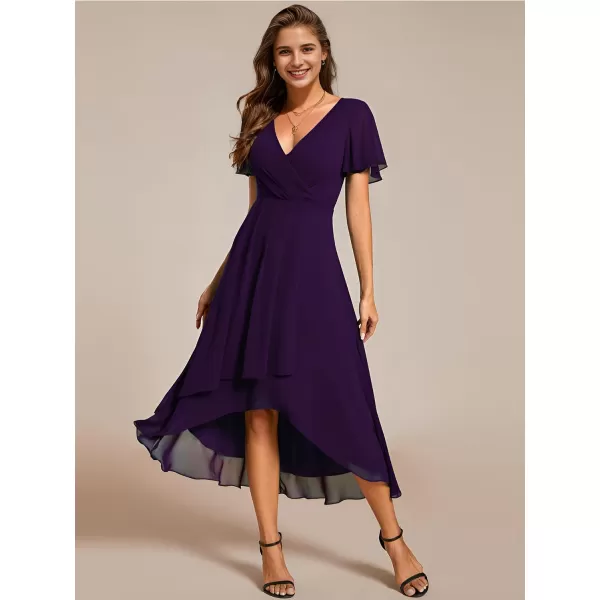 EverPretty Womens Chiffon Formal Dresses V Neck Ruffle Sleeves Pleated High Low Summer Wedding Guest DressAdeep Purple