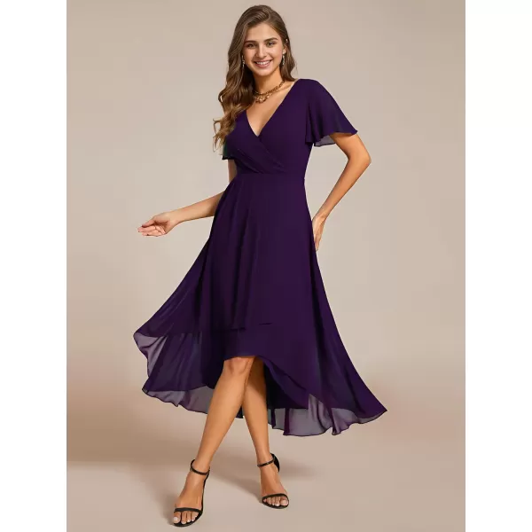 EverPretty Womens Chiffon Formal Dresses V Neck Ruffle Sleeves Pleated High Low Summer Wedding Guest DressAdeep Purple