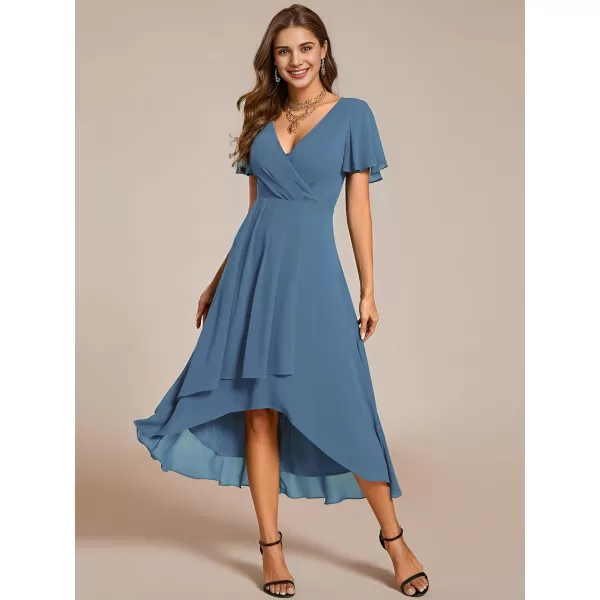 EverPretty Womens Chiffon Formal Dresses V Neck Ruffle Sleeves Pleated High Low Summer Wedding Guest DressAdusty Navy