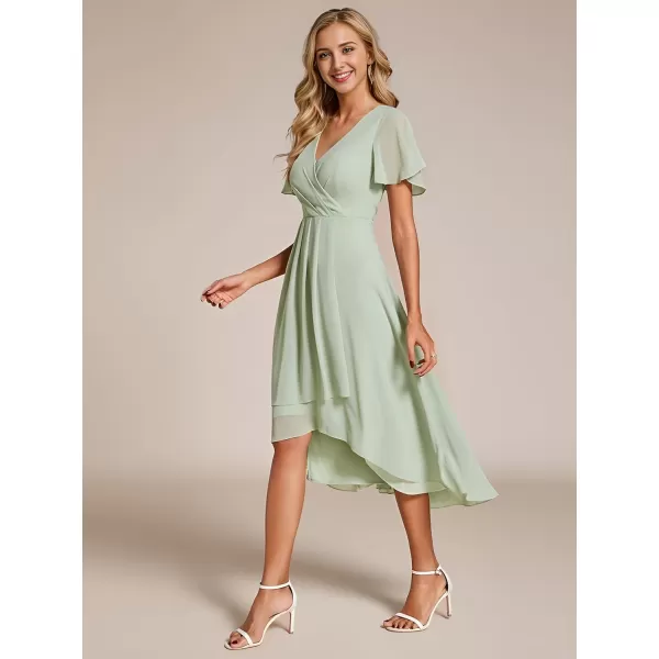 EverPretty Womens Chiffon Formal Dresses V Neck Ruffle Sleeves Pleated High Low Summer Wedding Guest DressAmint Green