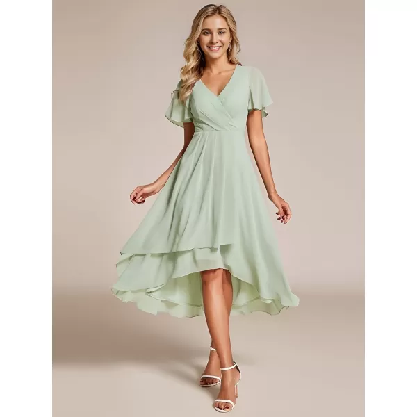 EverPretty Womens Chiffon Formal Dresses V Neck Ruffle Sleeves Pleated High Low Summer Wedding Guest DressAmint Green