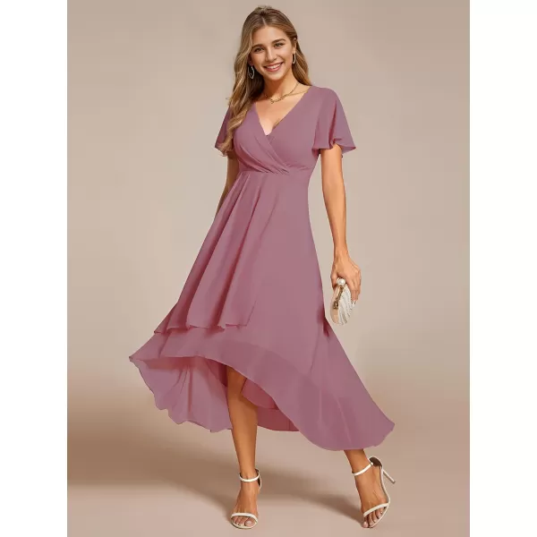 EverPretty Womens Chiffon Formal Dresses V Neck Ruffle Sleeves Pleated High Low Summer Wedding Guest DressAorchid