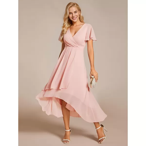 EverPretty Womens Chiffon Formal Dresses V Neck Ruffle Sleeves Pleated High Low Summer Wedding Guest DressApink