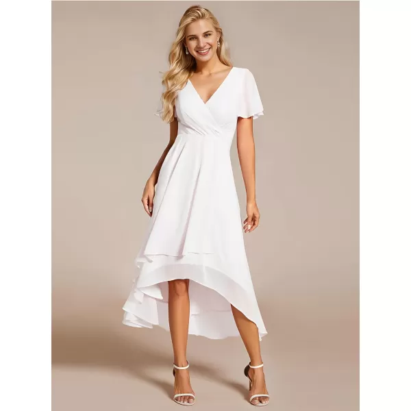 EverPretty Womens Chiffon Formal Dresses V Neck Ruffle Sleeves Pleated High Low Summer Wedding Guest DressAwhite