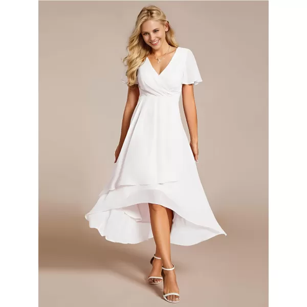 EverPretty Womens Chiffon Formal Dresses V Neck Ruffle Sleeves Pleated High Low Summer Wedding Guest DressAwhite