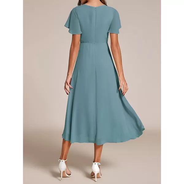 EverPretty Womens Chiffon Formal Dresses V Neck Ruffle Sleeves Pleated High Low Summer Wedding Guest DressDusty Blue