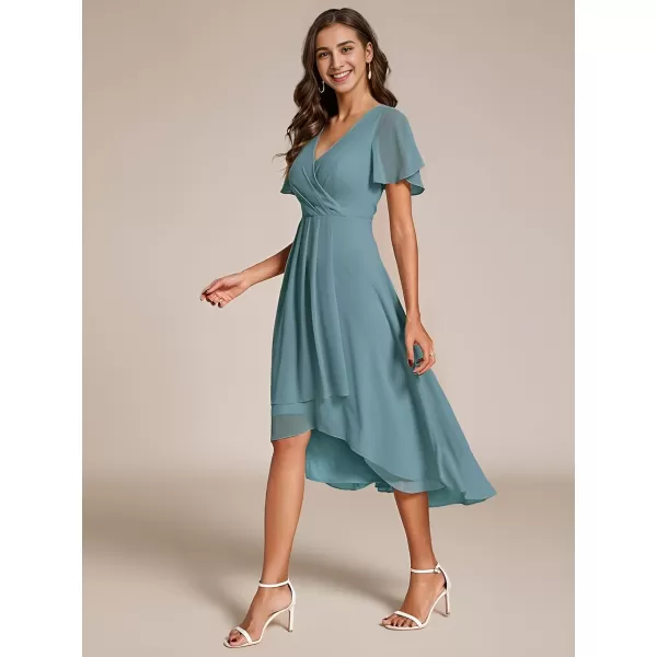 EverPretty Womens Chiffon Formal Dresses V Neck Ruffle Sleeves Pleated High Low Summer Wedding Guest DressDusty Blue