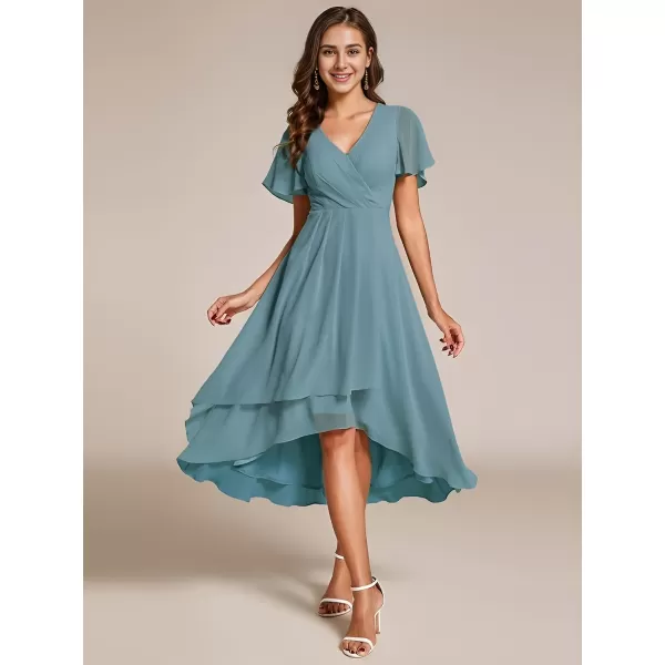 EverPretty Womens Chiffon Formal Dresses V Neck Ruffle Sleeves Pleated High Low Summer Wedding Guest DressDusty Blue