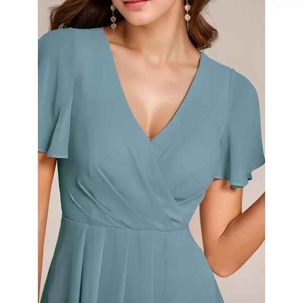 EverPretty Womens Chiffon Formal Dresses V Neck Ruffle Sleeves Pleated High Low Summer Wedding Guest DressDusty Blue