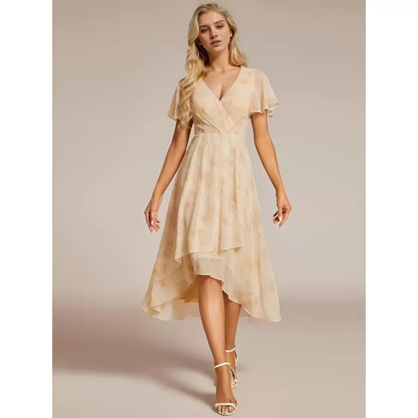 EverPretty Womens Chiffon Formal Dresses V Neck Ruffle Sleeves Pleated High Low Summer Wedding Guest DressGolden Roses