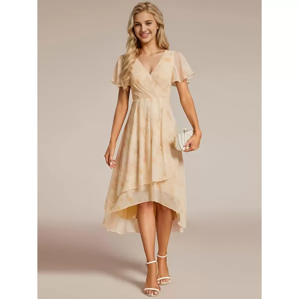 EverPretty Womens Chiffon Formal Dresses V Neck Ruffle Sleeves Pleated High Low Summer Wedding Guest DressGolden Roses