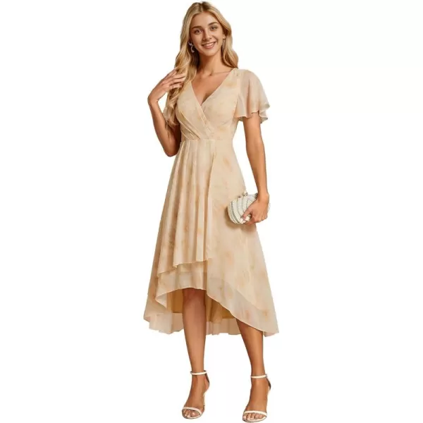 EverPretty Womens Chiffon Formal Dresses V Neck Ruffle Sleeves Pleated High Low Summer Wedding Guest DressGolden Roses