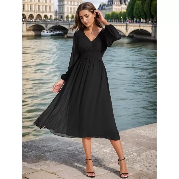 EverPretty Womens Chiffon Long Sleeve Elastic Waist ALine Knee Length Wedding Guest Dresses 01929Black