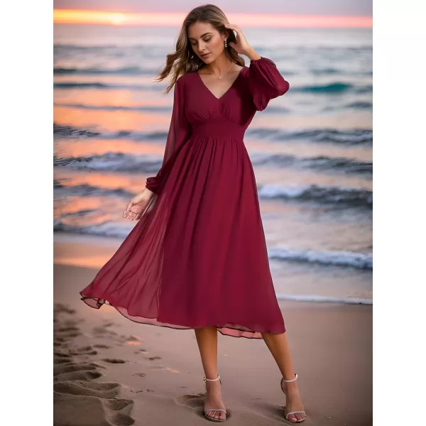 EverPretty Womens Chiffon Long Sleeve Elastic Waist ALine Knee Length Wedding Guest Dresses 01929Burgundy