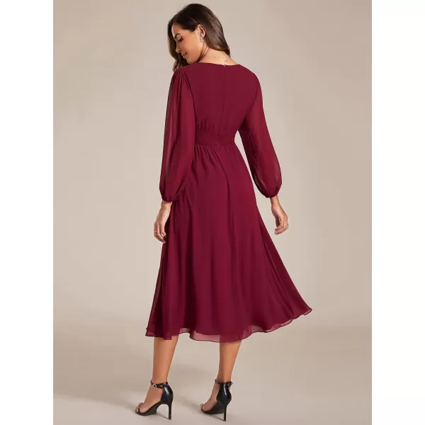 EverPretty Womens Chiffon Long Sleeve Elastic Waist ALine Knee Length Wedding Guest Dresses 01929Burgundy