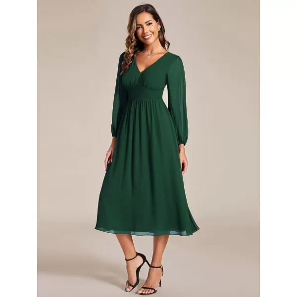 EverPretty Womens Chiffon Long Sleeve Elastic Waist ALine Knee Length Wedding Guest Dresses 01929Deep Green