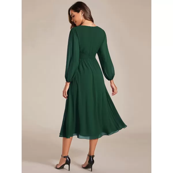 EverPretty Womens Chiffon Long Sleeve Elastic Waist ALine Knee Length Wedding Guest Dresses 01929Deep Green