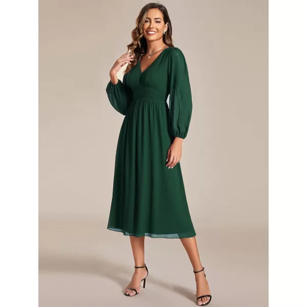 EverPretty Womens Chiffon Long Sleeve Elastic Waist ALine Knee Length Wedding Guest Dresses 01929Deep Green