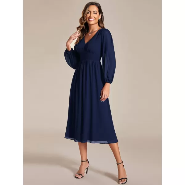 EverPretty Womens Chiffon Long Sleeve Elastic Waist ALine Knee Length Wedding Guest Dresses 01929Navy Blue