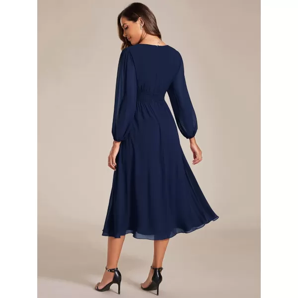 EverPretty Womens Chiffon Long Sleeve Elastic Waist ALine Knee Length Wedding Guest Dresses 01929Navy Blue