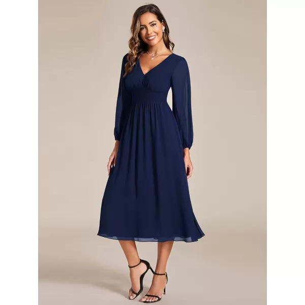 EverPretty Womens Chiffon Long Sleeve Elastic Waist ALine Knee Length Wedding Guest Dresses 01929Navy Blue