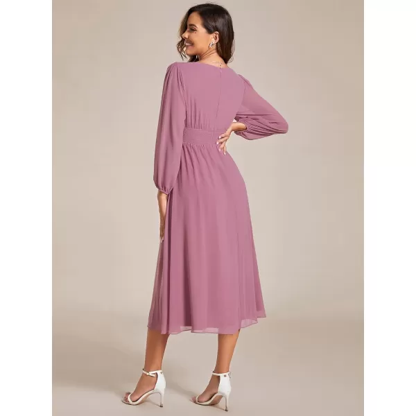 EverPretty Womens Chiffon Long Sleeve Elastic Waist ALine Knee Length Wedding Guest Dresses 01929Orchid