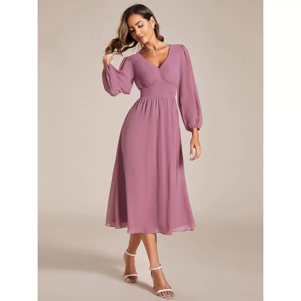 EverPretty Womens Chiffon Long Sleeve Elastic Waist ALine Knee Length Wedding Guest Dresses 01929Orchid
