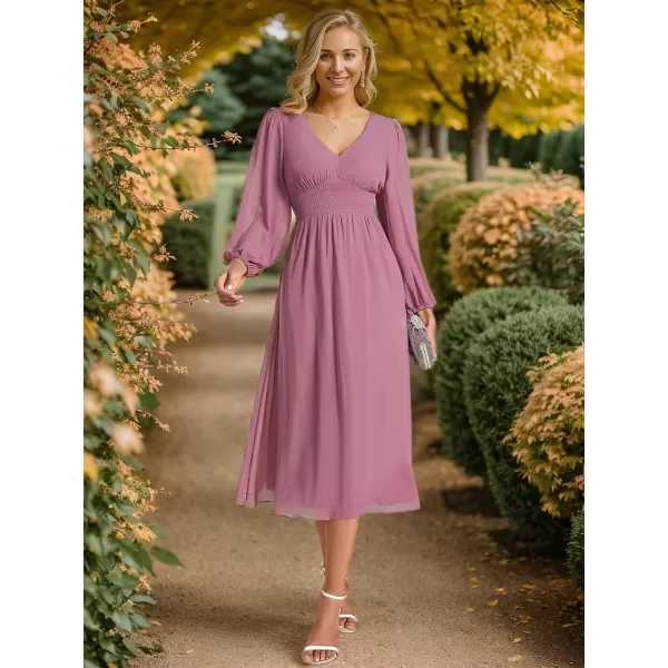 EverPretty Womens Chiffon Long Sleeve Elastic Waist ALine Knee Length Wedding Guest Dresses 01929Orchid