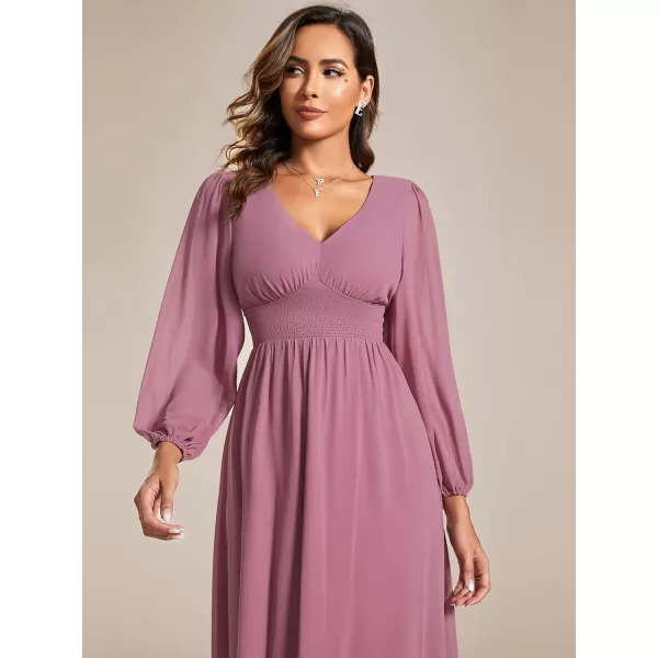EverPretty Womens Chiffon Long Sleeve Elastic Waist ALine Knee Length Wedding Guest Dresses 01929Orchid